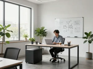Modern office interior design showcasing a stylish workspace, emphasizing minimalism and functionality, illustrating รับตกแต่งภายใน with elegant furniture and natural light.