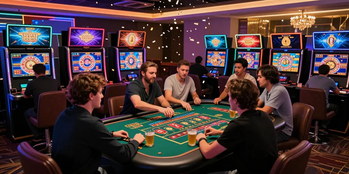 Scène de jeu dynamique d'un nouveau casino en ligne avec des joueurs divers, des tables de jeu numériques et une décoration de casino colorée.