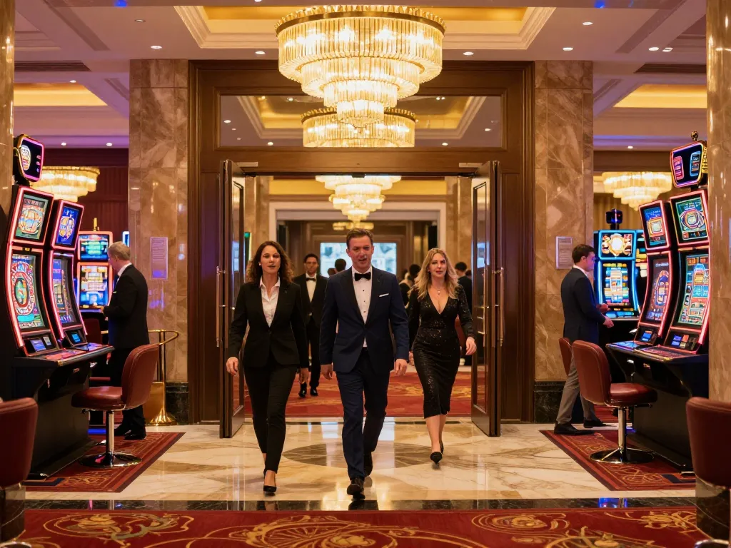 Guests entering the elegant casino lobby at 789win, showcasing excitement for gaming adventures.