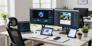 Data analyst using an ai image checker in a modern tech workspace.