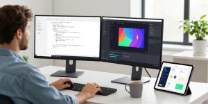 Developer showcasing advanced Android animations and MotionLayout in a modern workspace with dual monitors and design tools.