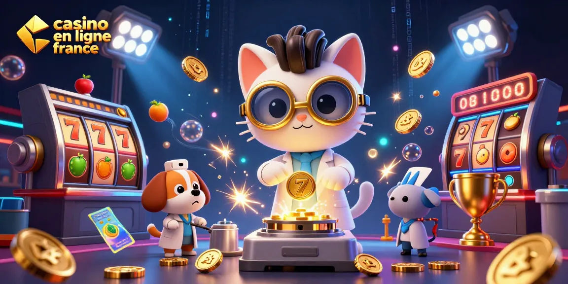 Casino en ligne france : Illustration animée et immersive mettant en scène un chat scientifique et un chien, entourés d'éléments de jeu.