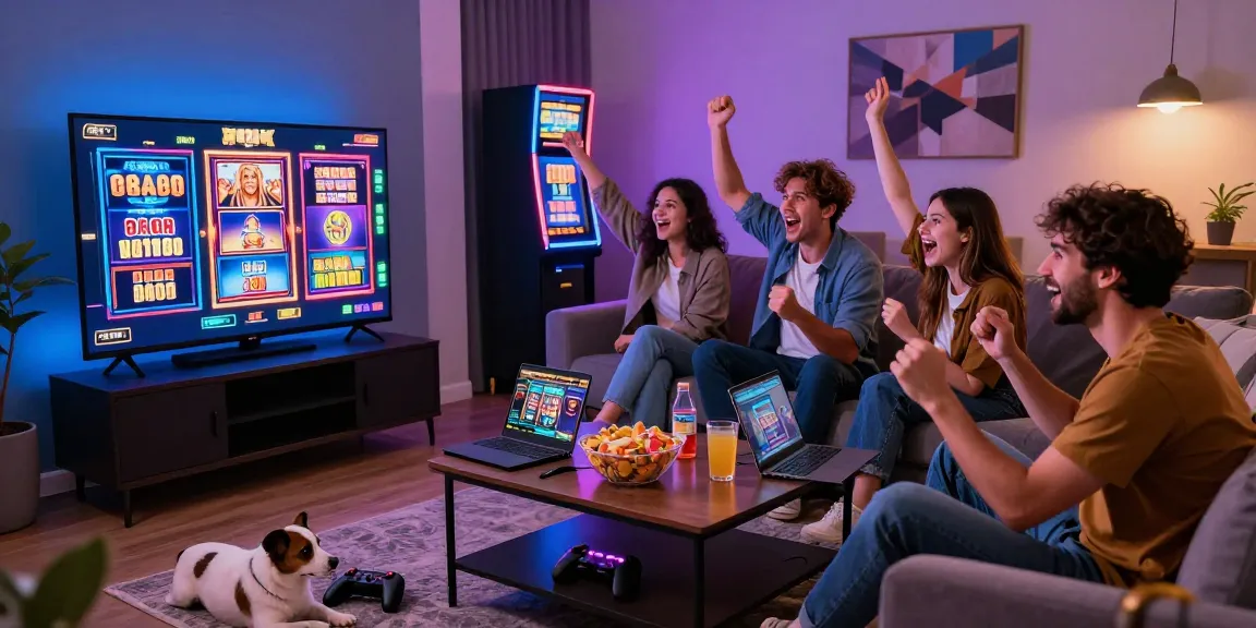 Friends enjoying slot games in a lively living room atmosphere.