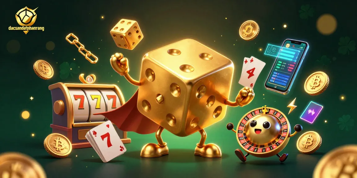 Experience the excitement of dacsandatphanrang with a vibrant 3D casino scene featuring golden dice and crypto elements.