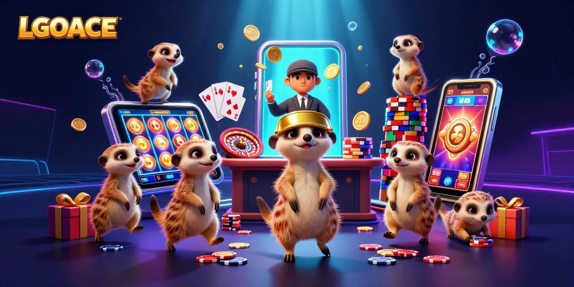 LGOACE captivates with a lively casino scene featuring playful meerkats engaging in gaming action and colorful slot elements.