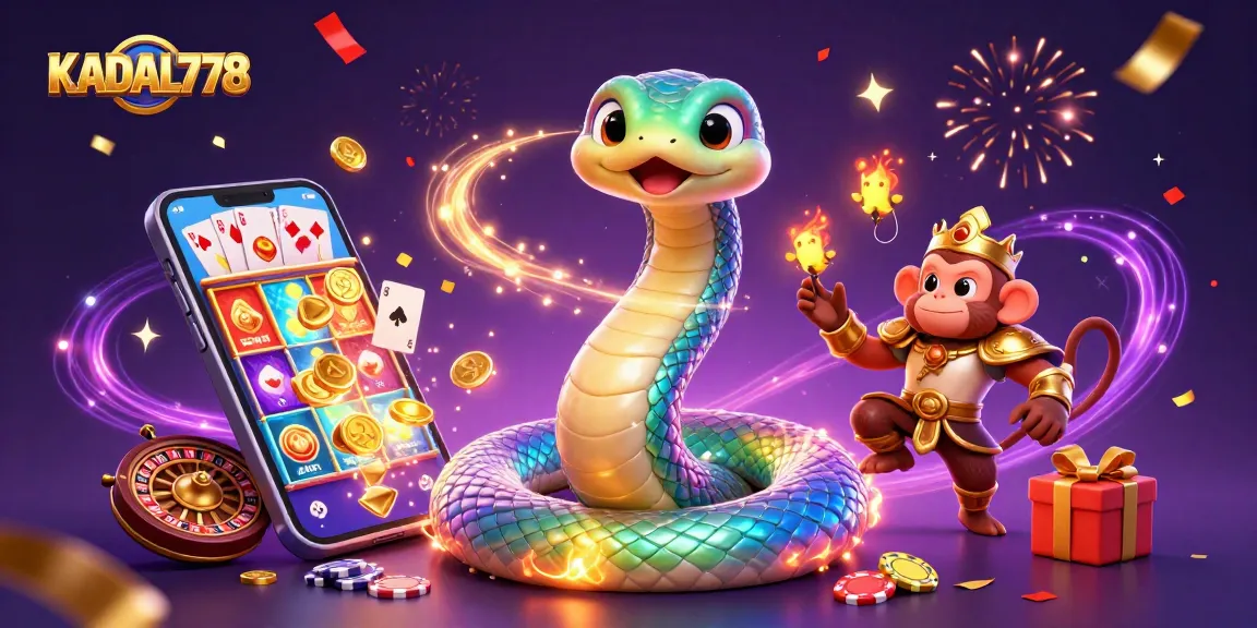 KADAL778 offers a vibrant gaming experience with a rainbow serpent and golden monkey king amidst exciting casino elements.