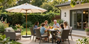 Patio furniture clearance sale featuring stylish outdoor dining setup with Camden Club Chairs and vibrant decor.