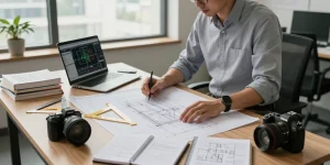 Engineer reviewing blueprints as an engineering expert witness in Missouri with tools and technical notes in a modern office setting.