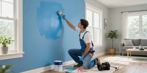 Residential painters Davidson County TN transforming a living room with vibrant blue paint, showcasing skilled craftsmanship and professional tools.