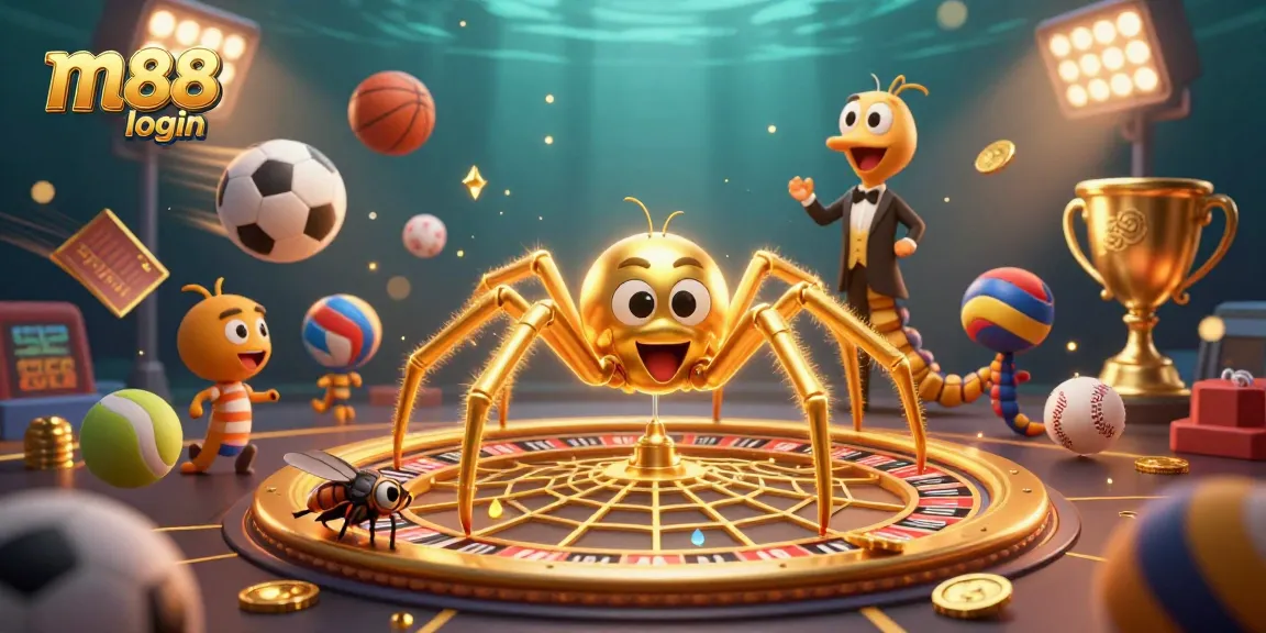 Experience thrilling bets with m88 login in a dynamic casino scene featuring sports balls and an interactive roulette wheel.