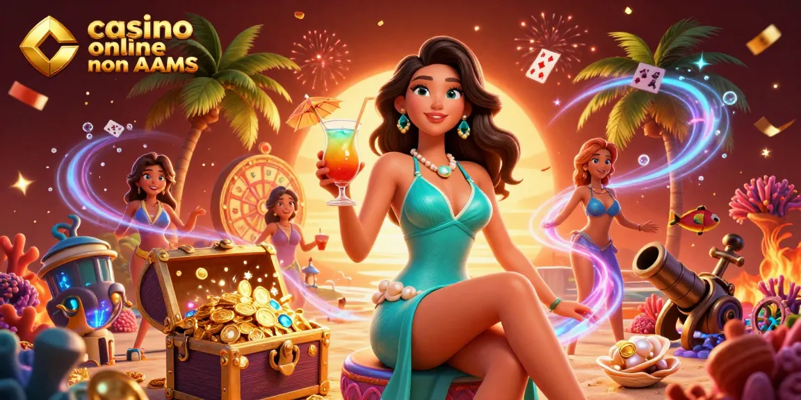 Giocando nei casino online non AAMS con una donna asiatica che si gode un cocktail tropicale contro uno sfondo di spiaggia vibrante.