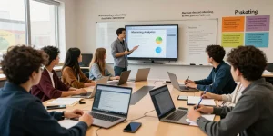 Students learning marketing analytics and targeting course in a vibrant classroom setting with collaborative tools and engaged discussions.