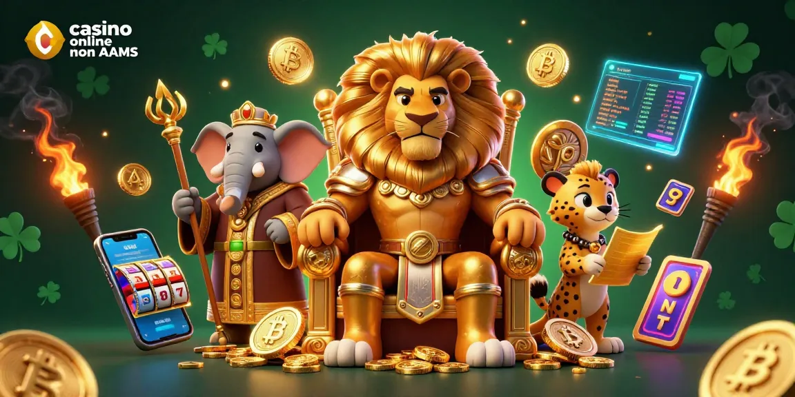 Gioca a giochi emozionanti su casino online non AAMS con un re leone in cartone animato 3D, un elefante e un ghepardo.