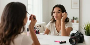 Applying skone cosmetics brow wand in a bright vanity setting with organized makeup tools and natural light.