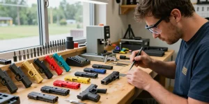Gunsmith at https://precisionglockslides.com customizing a Glock slide with precision tools in a professional workshop environment.