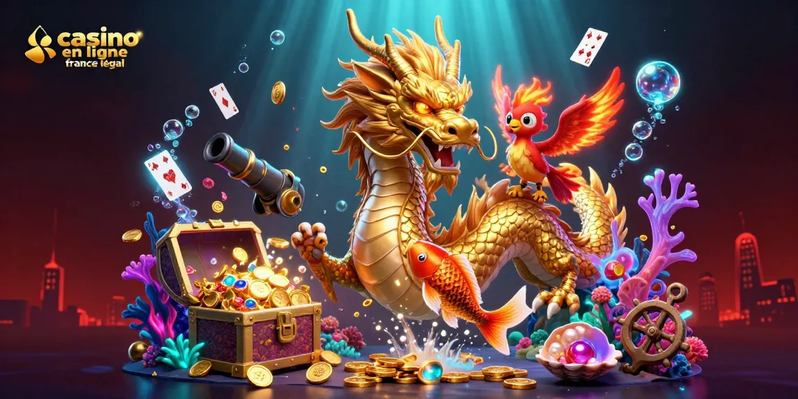 Jeux de casino en ligne France légal avec un dragon, un phoenix, et un poisson chanceux sous une pluie de pièces.