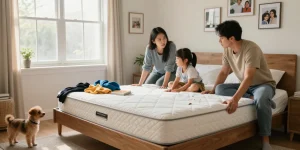 Engaged family inspecting bed for bed bug exterminators in their cozy home.