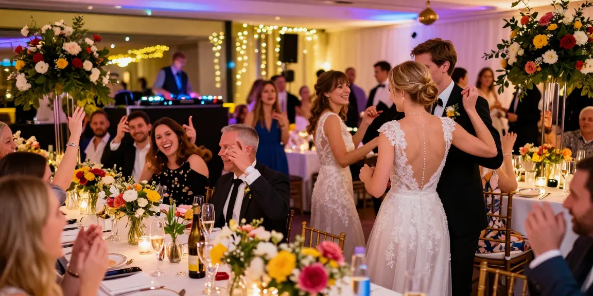 DJ für Hochzeit Berlin, Hochzeitspaar tanzt in fröhlicher Feier mit DJ, festlich dekorierter Saal.