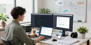 Integration of an age verification system in a tech office showing a software engineer at work.