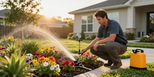 Professional Irrigation Services in Haslet, TX with a technician inspecting a vibrant garden and irrigation system tools in hand.