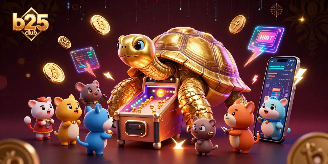 Engage with the thrilling b25club gaming experience featuring a vibrant pinball tortoise and crypto elements.
