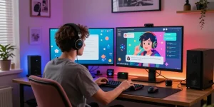 Engaging user enjoying NSFW AI chat on multiple screens in a cozy setting.