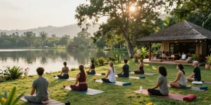 Retreat venue Sri Lanka offering serene yoga sessions by Koggala Lake amidst lush landscapes and calming atmosphere.