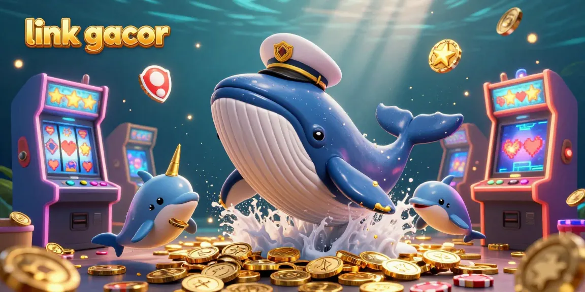 Engage with the vibrant world of link gacor, featuring a whale captain amidst a pool of coins and playful dolphins!