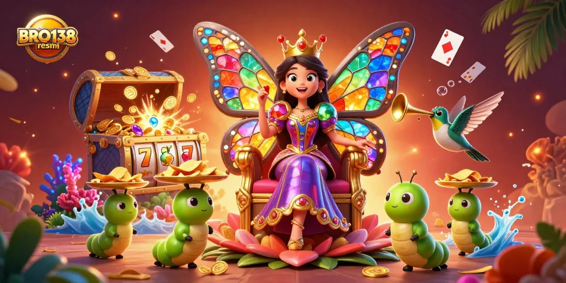 Join the excitement at BRO138 resmi with a colorful display of slot games featuring vibrant characters and treasures.