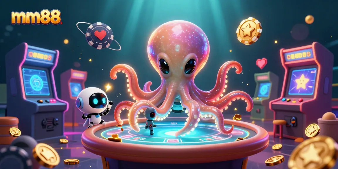 Experience thrilling gameplay at mm88 with a cosmic octopus dealer and vibrant poker chips.