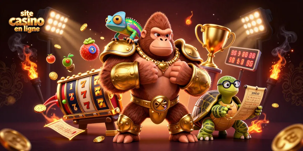 Découvrez le site casino en ligne avec un gorille puissant et des roulettes, une scène dynamique de gains et de jeux.