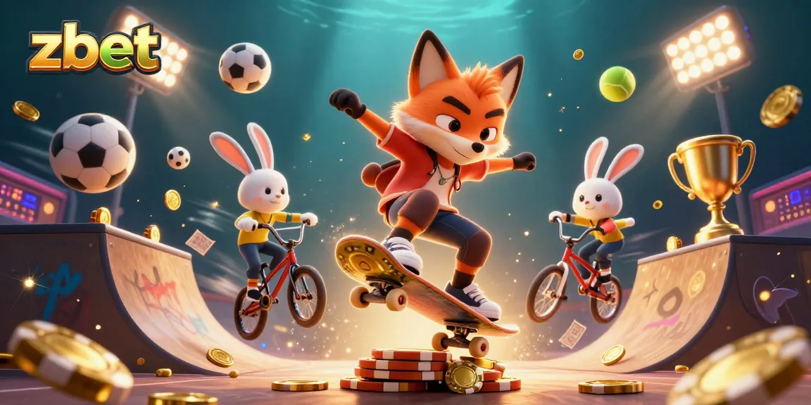 Zbet showcases thrilling casino action with a skateboarder fox and BMX rabbit surrounded by dynamic sports balls.