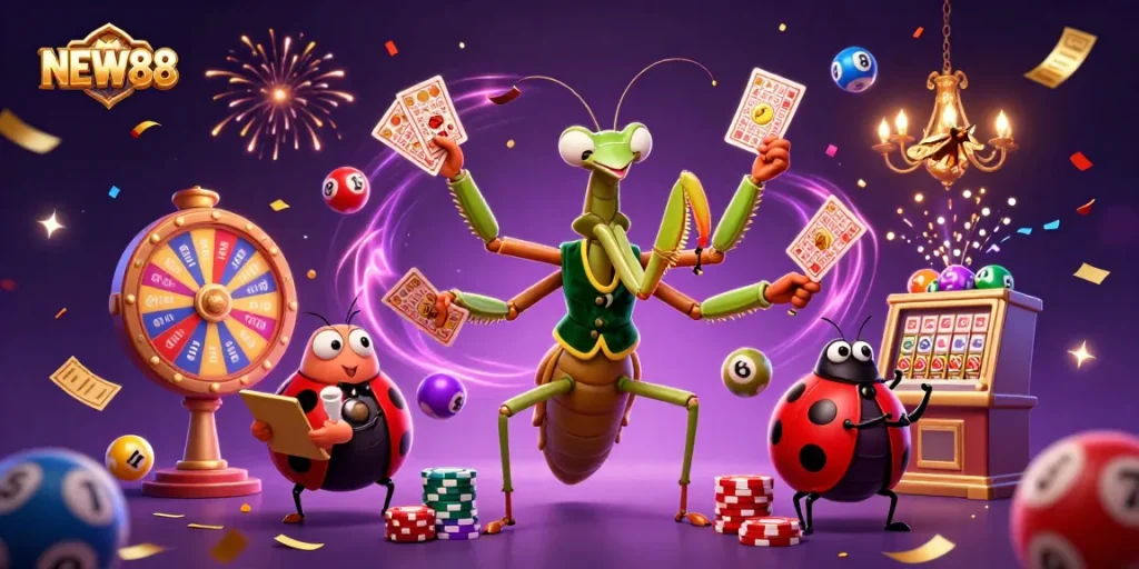 Engage with NEW88's vibrant casino scene featuring colorful lotteries and exciting gameplay action.
