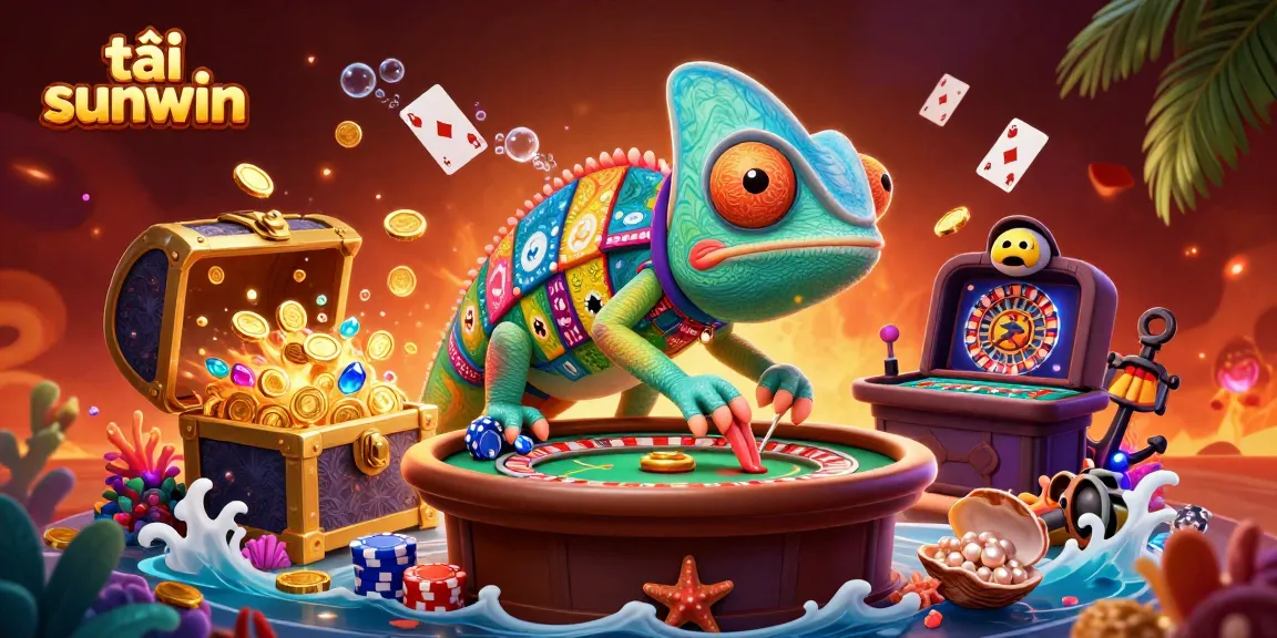 Engage with the vibrant world of tải sunwin featuring unique gaming elements and a colorful chameleon casino owner.