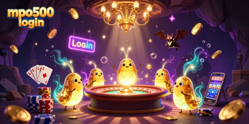 Engage with mpo500 login lighting up an exciting cave casino scene with vibrant glowworms and game elements.
