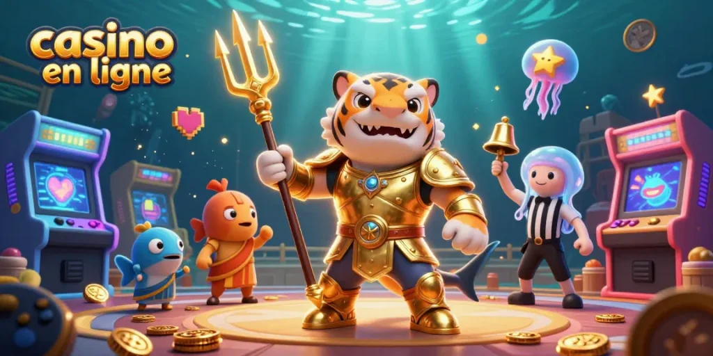 Jouez au casino en ligne avec un poisson tigre en armure dorée et des machines colorées autour.