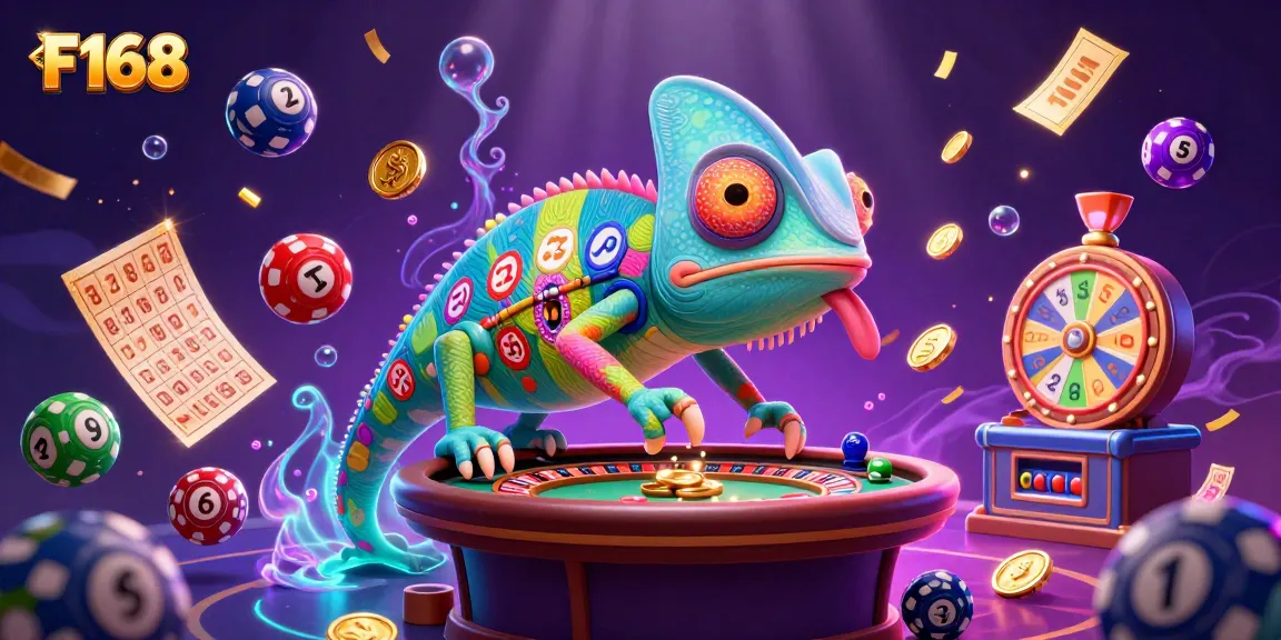 Experience the vibrant world of F168 with a chameleon casino owner snapping golden coins amid exciting gaming elements.