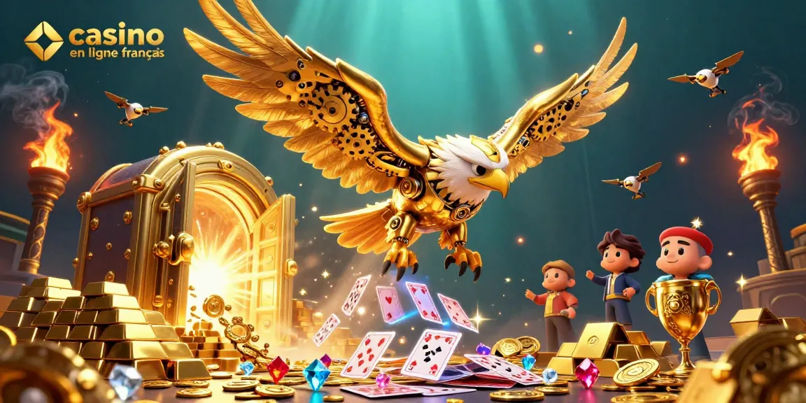 Plongée d'un aigle cyborg doré dans un décor de casino en ligne français enrichi de trésors et de cartes.