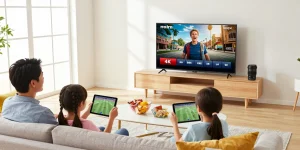 Profitez d'un essai gratuit IPTV pour regarder vos émissions favorites en famille dans un salon accueillant.
