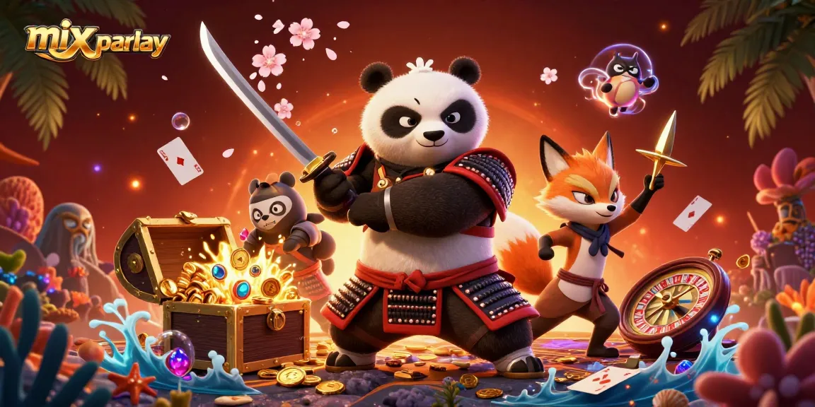 Engage in a thrilling mix parlay adventure with fierce samurai panda, ninja fox, and spirit tanuki amidst dynamic casino elements.