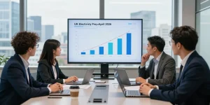 UK electricity price per kWh April 2026 business meeting, showcasing professionals analyzing energy costs.