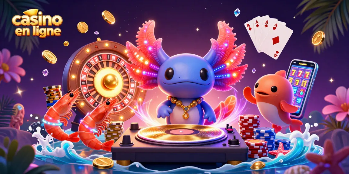 Illustration dynamique de casino en ligne avec un DJ axolotl et des éléments de jeu comme des jetons, cartes et machines à sous.