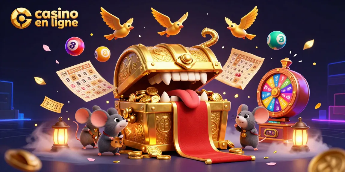 Des souris aventurières gagnent des richesses dans un casino en ligne illustré avec des éléments de jeu.