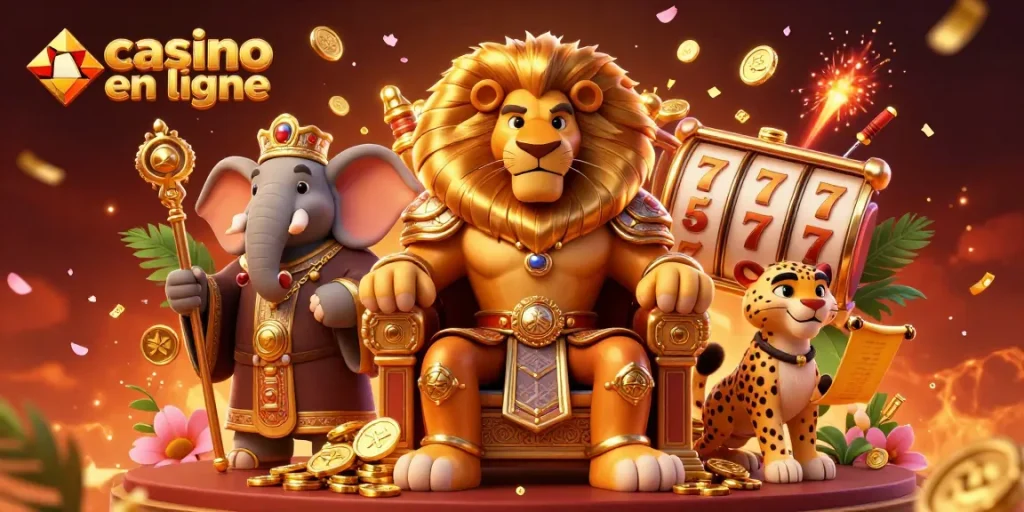 Jouez au casino en ligne avec des lions majestueux et des rouleaux de machines à sous scintillants.