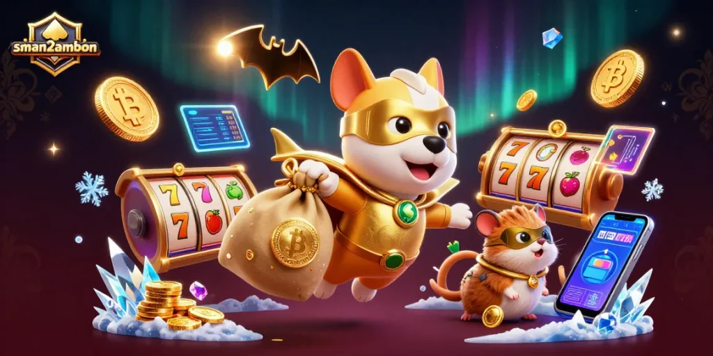 Gambaran dinamis sman2ambon dengan karakter anjing superhero, simbol poker, dan elemen slot bersama koin crypto.
