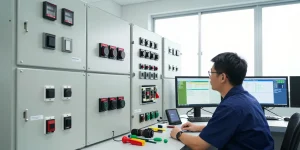 Technician inspecting advanced panel switch technology in a control room.
