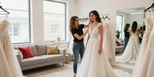 Consulenza di bridal styling per una sposa con abiti eleganti in studio luminoso.