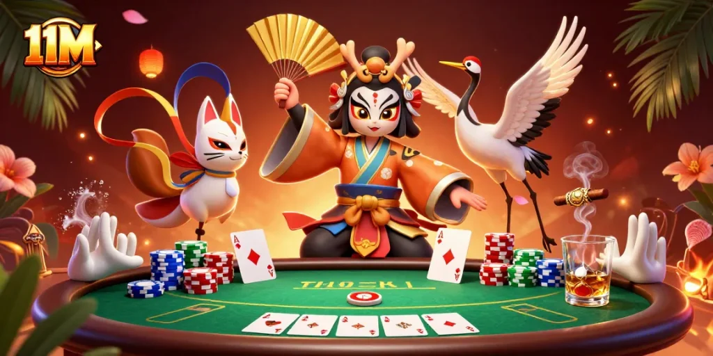 Experience the excitement of 11M with a vibrant 3D casino scene featuring kabuki characters and poker elements.