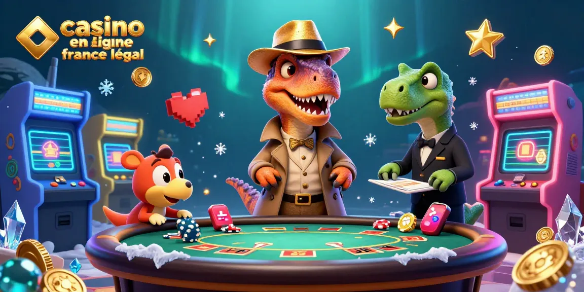 Illustration d'un casino en ligne légal en France où un vélociraptor tente de compter des cartes à une table de blackjack.