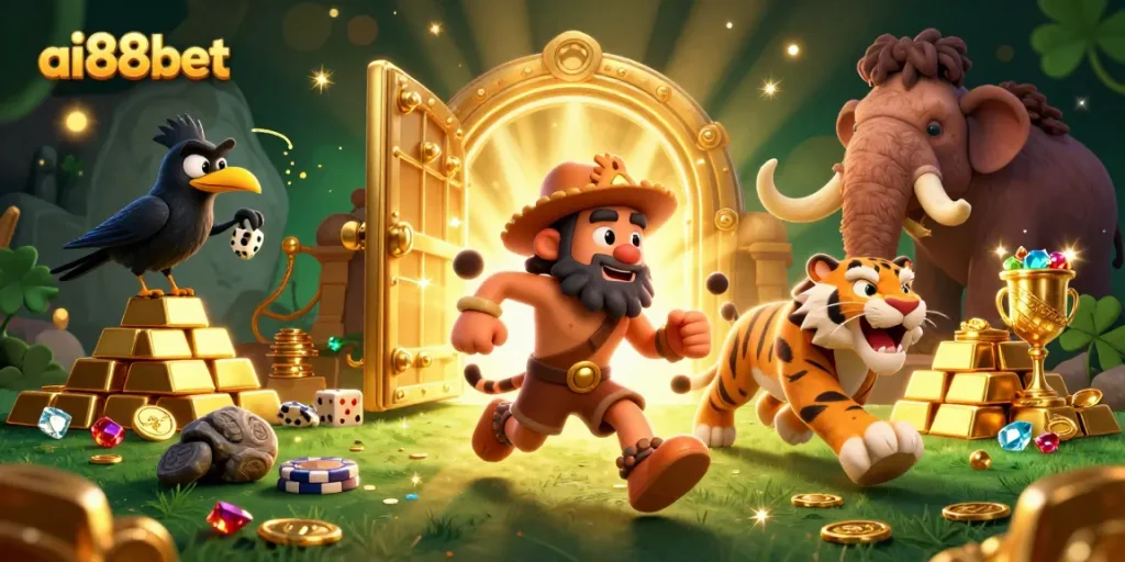 Experience thrilling wins with ai88bet in this vibrant 3D casino scene of prehistoric gaming.